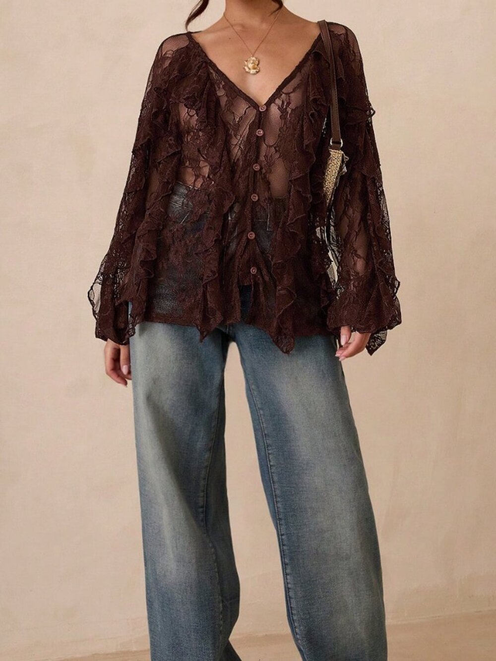Coffee Brown Sexy Casual Women's V-Neck Long Sleeve Boho Blouse - Picture 5 of 7